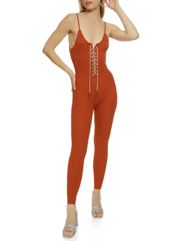 Ribbed Rhinestone Lace Up Jumpsuit sold by Rainbow