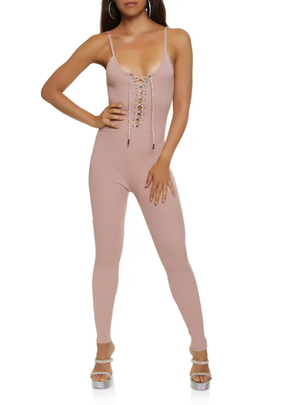 Ribbed Rhinestone Lace Up Jumpsuit sold by Rainbow