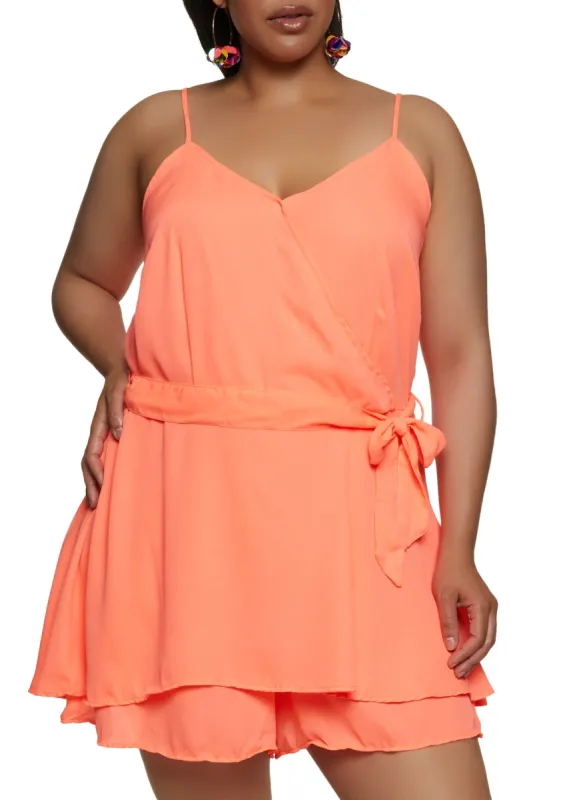 Plus Size Tie Waist Faux Wrap Romper sold by Rainbow
