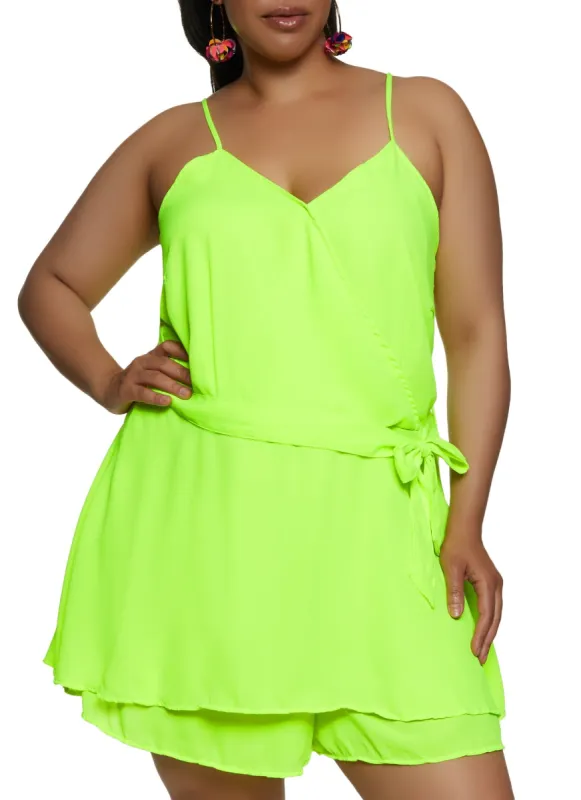 Plus Size Tie Waist Faux Wrap Romper sold by Rainbow