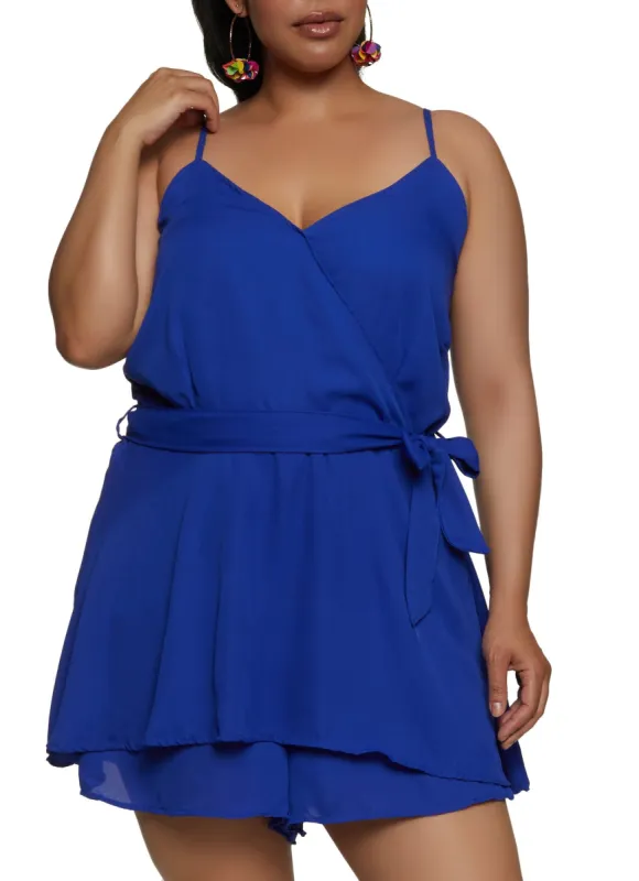 Plus Size Solid Tie Waist Faux Wrap Romper sold by Rainbow