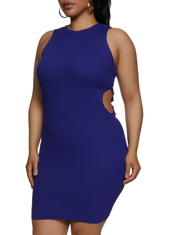 Plus Size Ribbed High Neck Cut Out Tank Dress sold by Rainbow