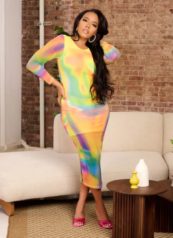 Mesh Printed Long Sleeve Maxi Dress sold by Rainbow