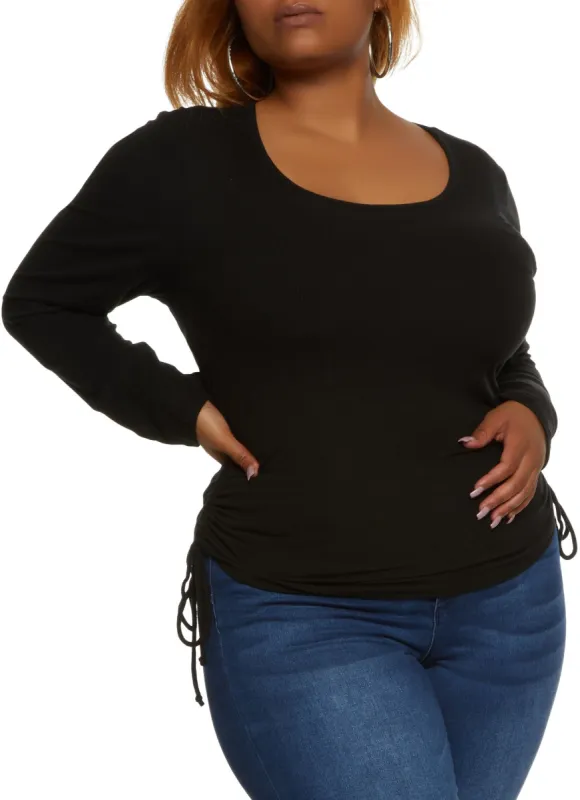 Plus Size Ribbed Knit Ruched Scoop Neck Long Sleeve Top sold by Rainbow