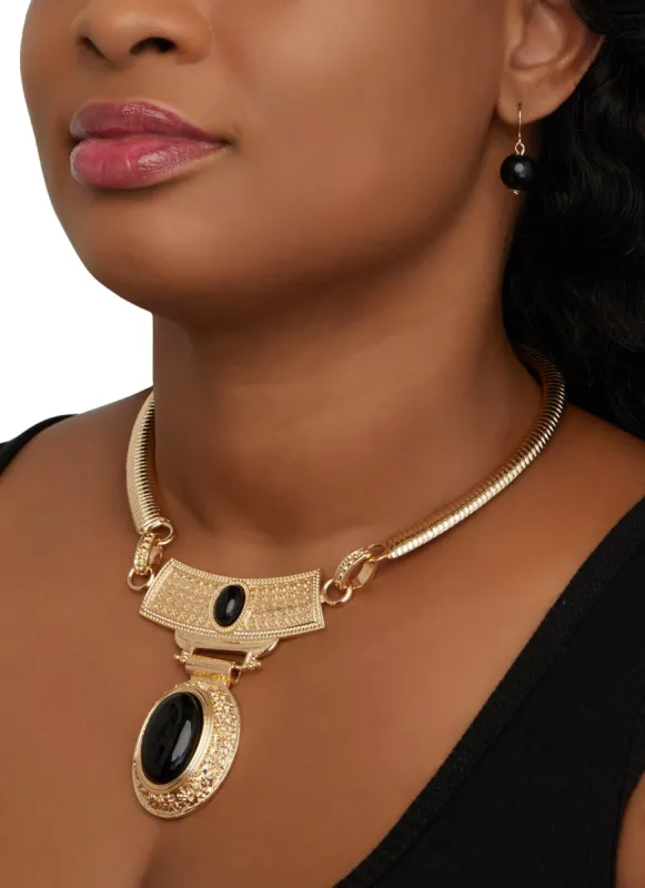 Stone Pendant Collar Necklace with Earrings Set sold by Rainbow