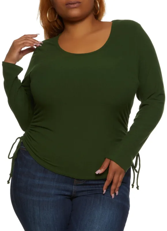 Plus Size Ribbed Knit Ruched Scoop Neck Long Sleeve Top sold by Rainbow