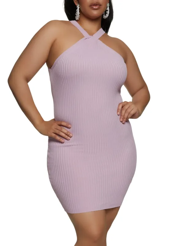 Plus Size Ribbed Knit Twist Front Halter Dress sold by Rainbow