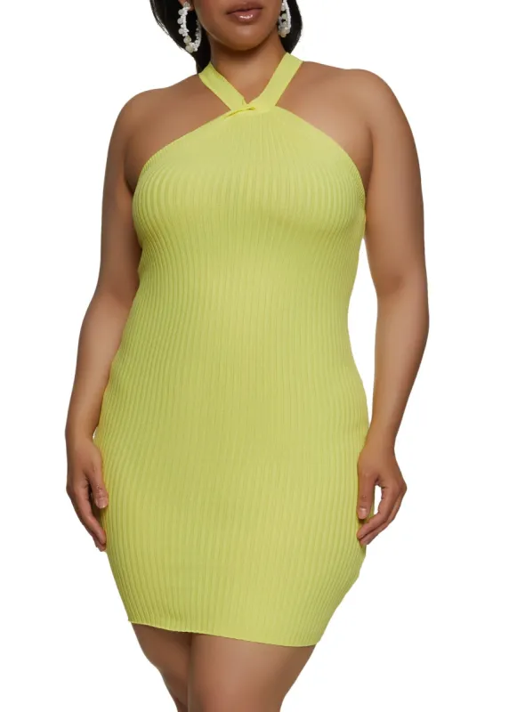 Plus Size Ribbed Knit Twist Front Halter Dress sold by Rainbow