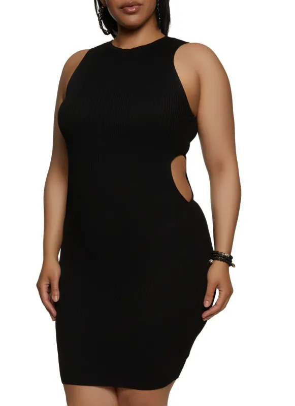 Plus Size Ribbed High Neck Cut Out Tank Dress sold by Rainbow