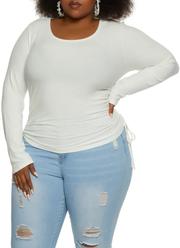 Plus Size Ribbed Knit Ruched Scoop Neck Long Sleeve Top sold by Rainbow
