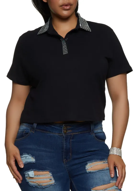 Plus Size Studded Collar Polo Top sold by Rainbow