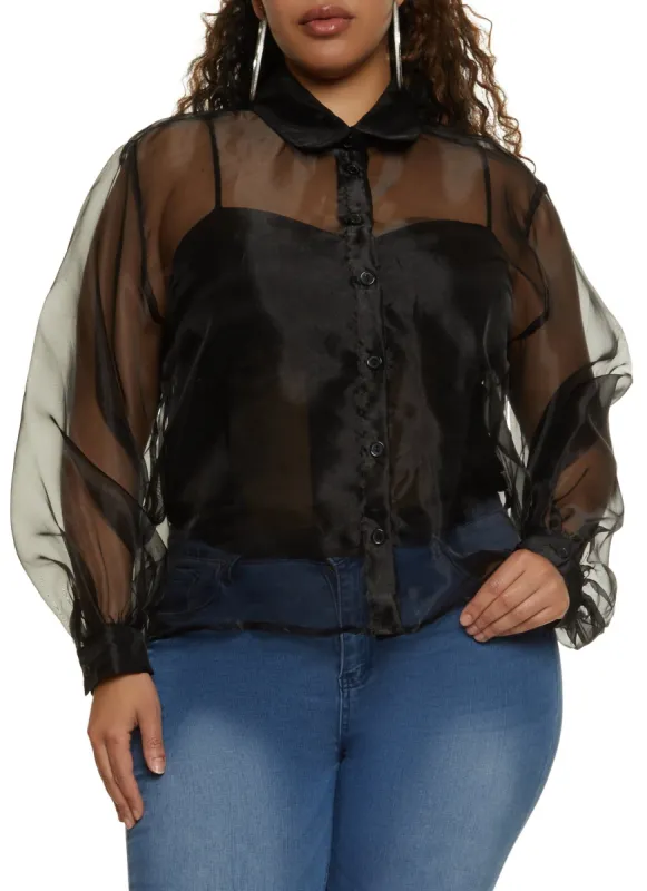Plus Size Organza Button Front Shirt sold by Rainbow