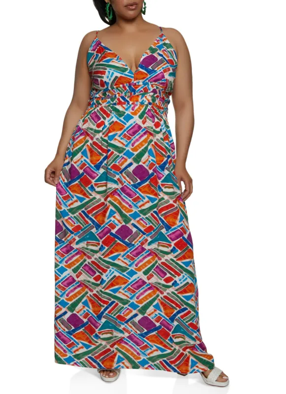 Plus Size Tropical Print Ruched Waist Maxi Dress sold by Rainbow