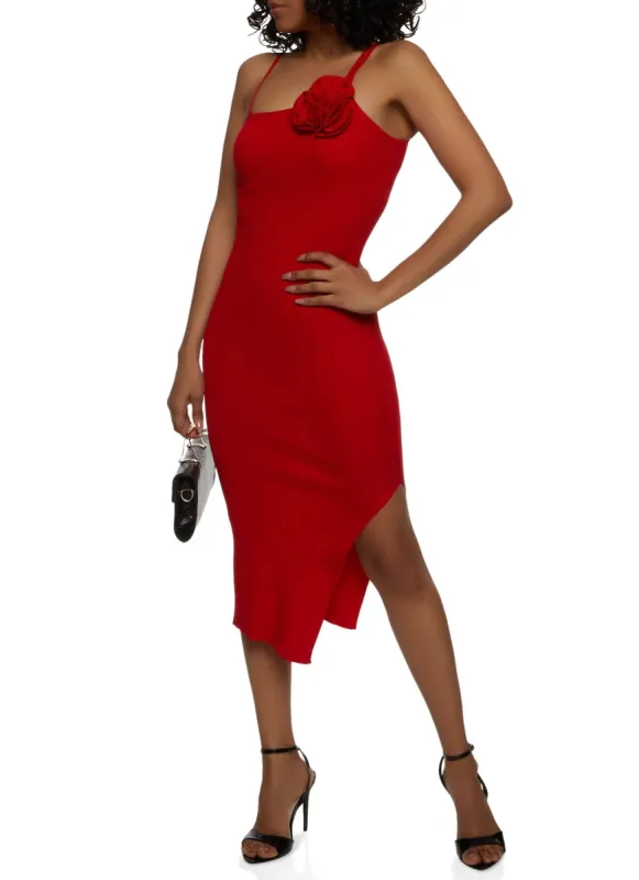 Ribbed Rose Detail Side Slit Sweater Dress sold by Rainbow