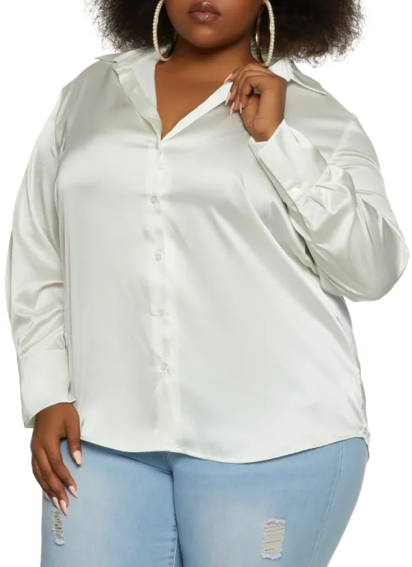 Plus Size Satin Solid Button Down Shirt sold by Rainbow