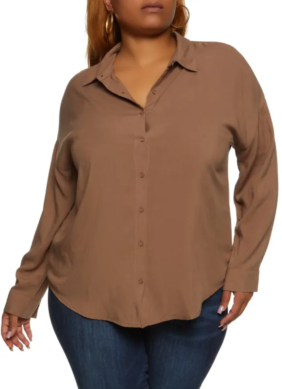 Plus Size Solid Button Down Shirt sold by Rainbow