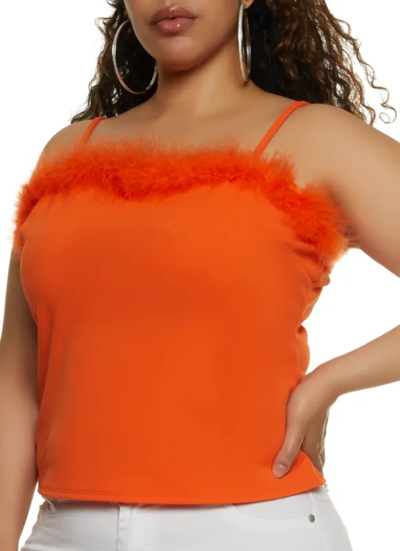 Plus Size Crepe Knit Feather Trim Cami sold by Rainbow