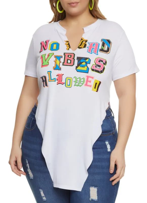 Plus Size No Bad Vibes Allowed Hanky Hem Graphic Tee sold by Rainbow