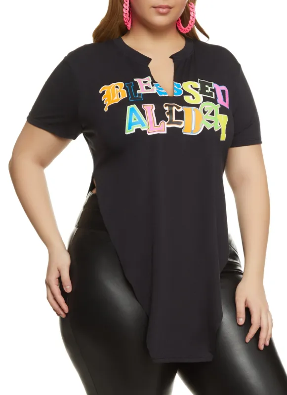 Plus Size Blessed All Day Hanky Hem Graphic Tee sold by Rainbow