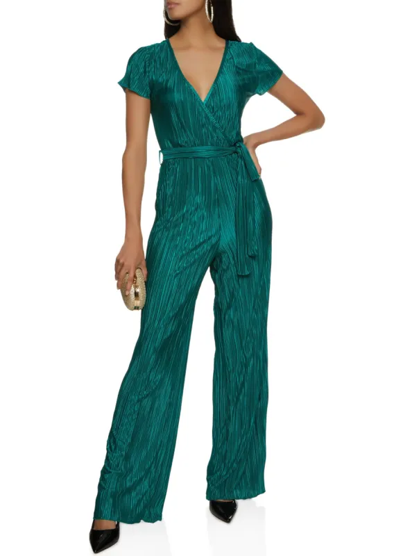 Plisse Tie Waist Wrap Jumpsuit sold by Rainbow