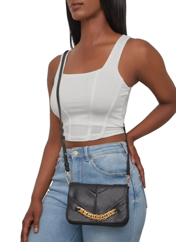 Chain Detail Faux Leather Chevron Crossbody Bag sold by Rainbow