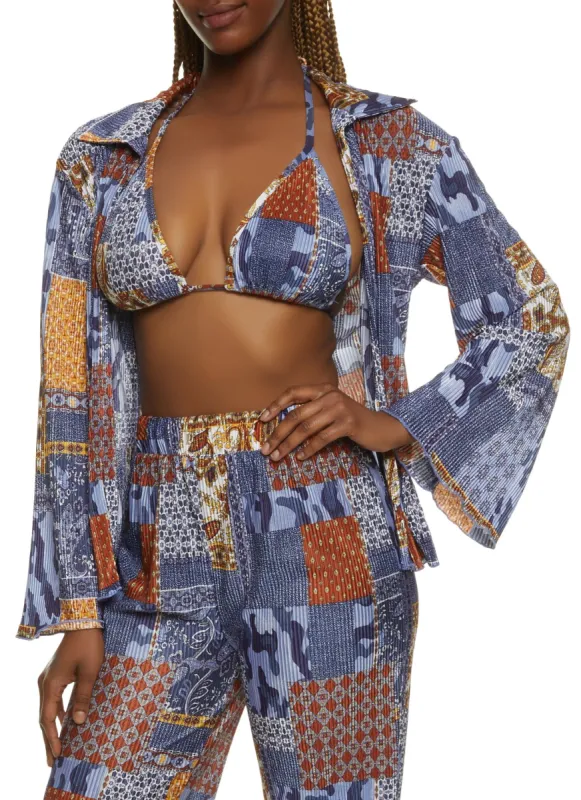 Patterned Plisse Open Front Shirt with Halter Top sold by Rainbow