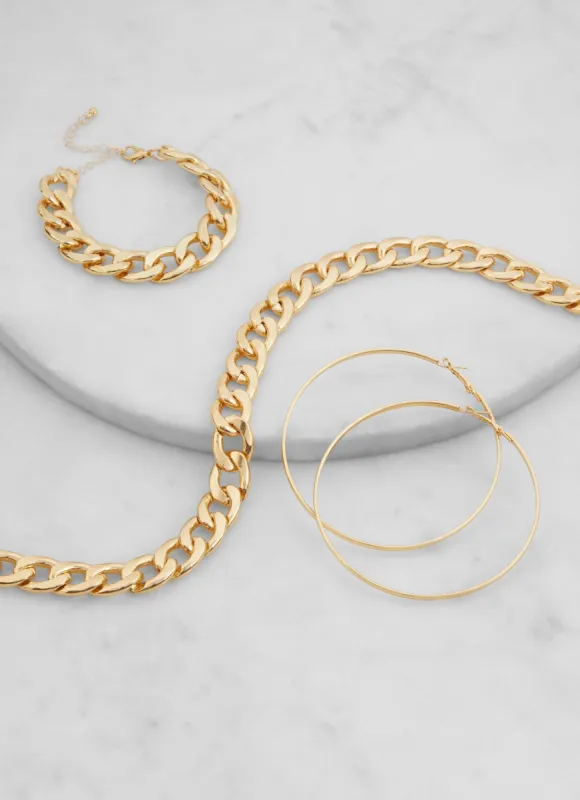 Metallic Curb Chain Necklace with Bracelet and Hoop Earrings sold by Rainbow