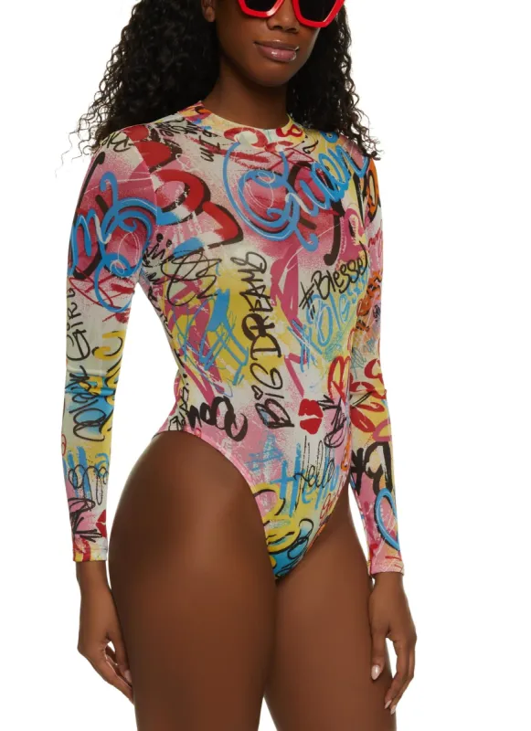 Printed Mesh Mock Neck Bodysuit sold by Rainbow