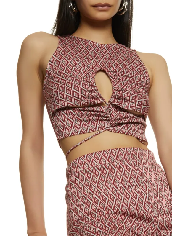 Geometric Print Lace Up Keyhole Top sold by Rainbow