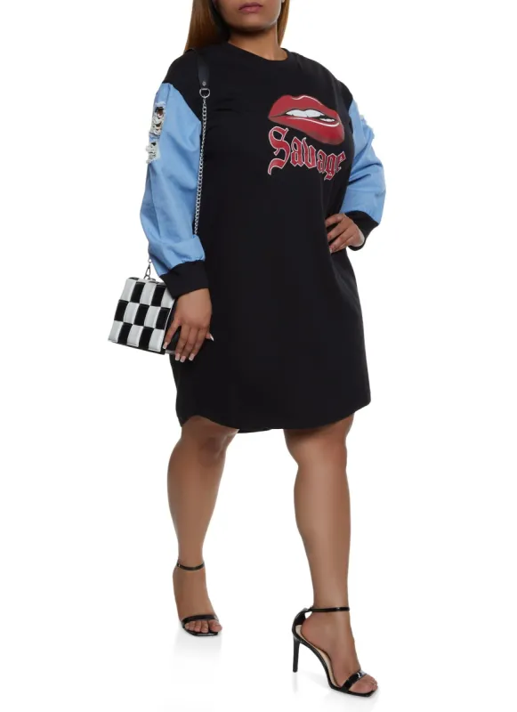 Plus Size Denim Color Block Savage T Shirt Dress sold by Rainbow
