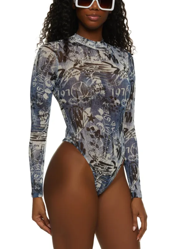 Printed Mesh Mock Neck Bodysuit sold by Rainbow
