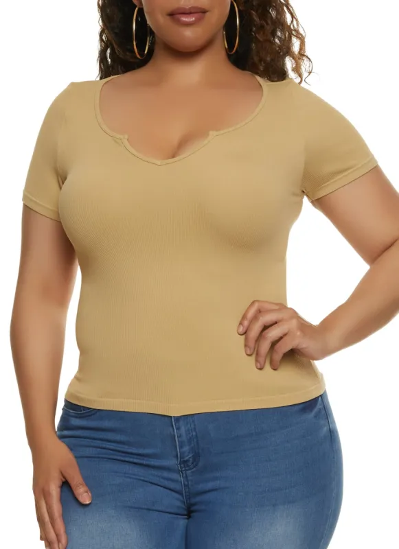 Plus Size Seamless Notched Scoop Neck Top sold by Rainbow