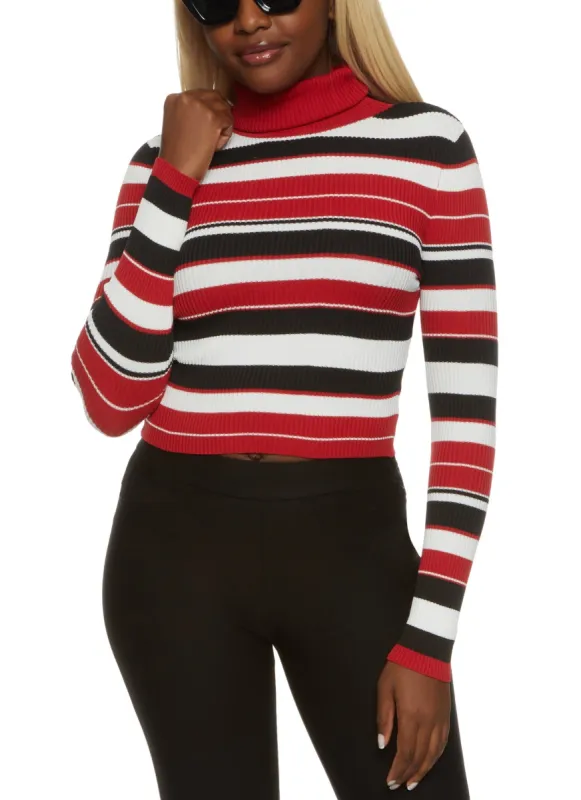 Ribbed Knit Striped Turtleneck Crop Top sold by Rainbow