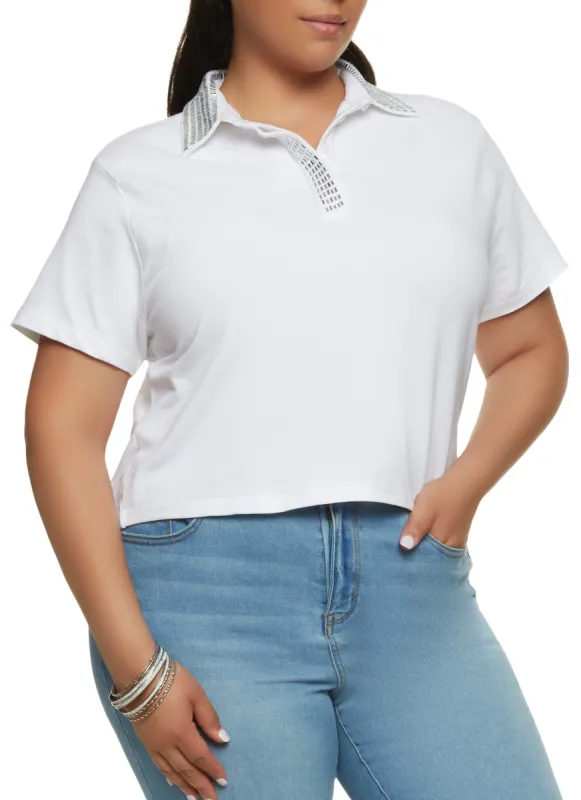 Plus Size Studded Collar Polo Top sold by Rainbow