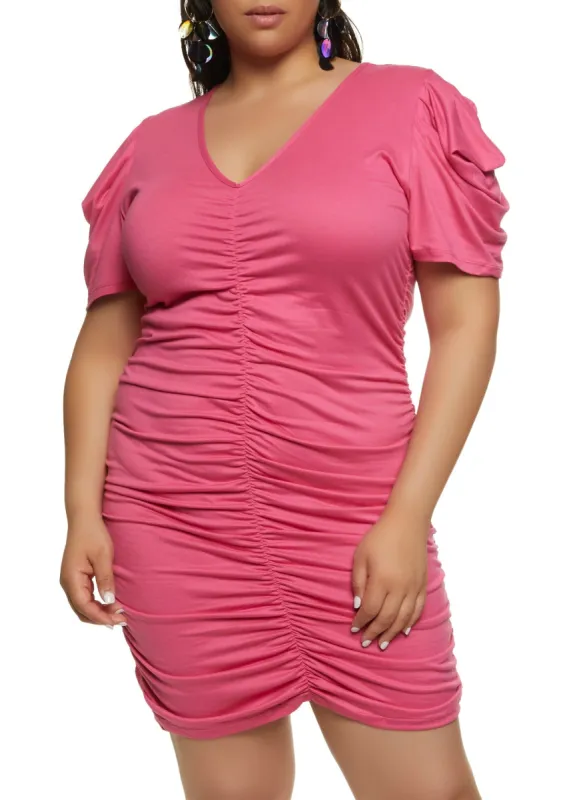 Plus Size Ruched V Neck Mini Dress sold by Rainbow