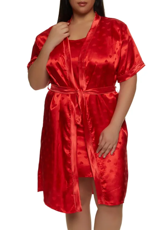 Plus Size Satin Heart Print Cami Nightgown and Robe sold by Rainbow
