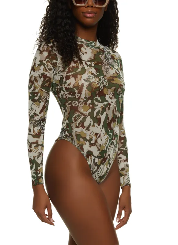 Printed Mesh Mock Neck Bodysuit sold by Rainbow