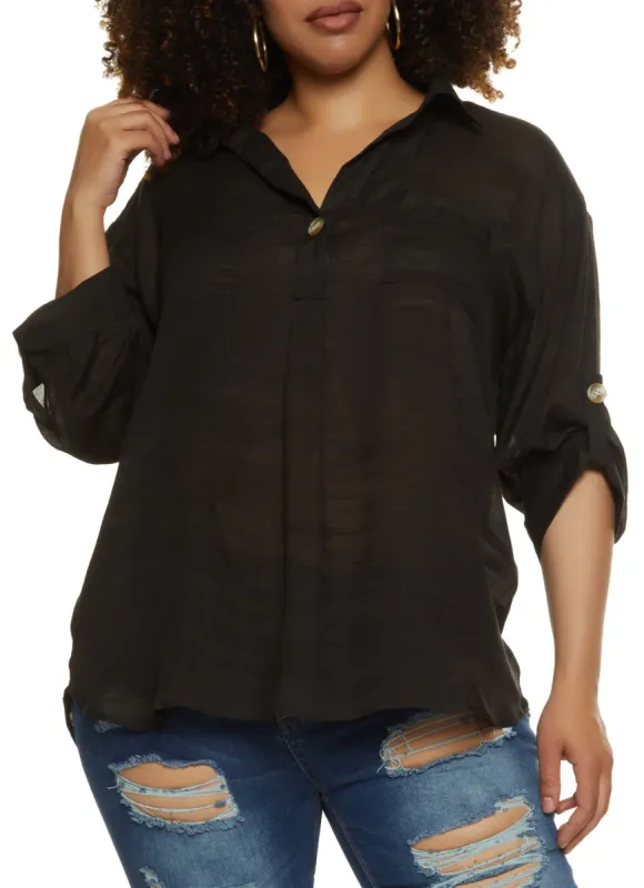 Plus Size Linen Drop Shoulder Button Front Shirt sold by Rainbow