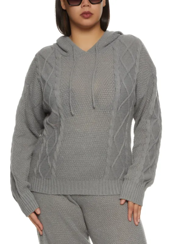 Plus Size Cable Knit Pullover Hoodie sold by Rainbow