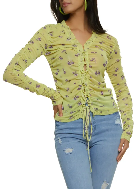 Printed Mesh Ruched Lace Up Top sold by Rainbow