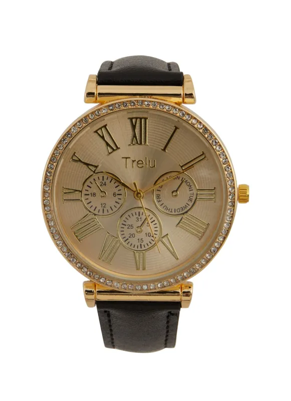 Faux Leather Rhinestone Trim Analog Watch sold by Rainbow