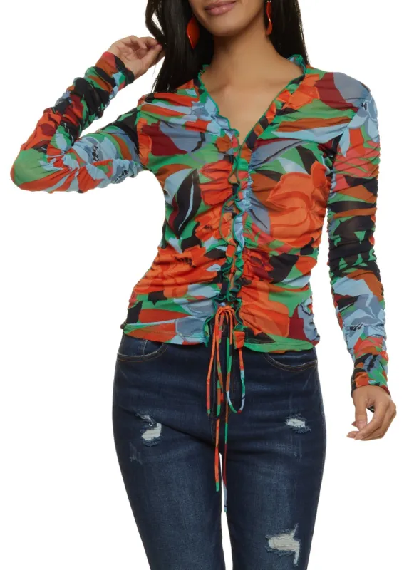 Printed Mesh Ruched Lace Up Top sold by Rainbow