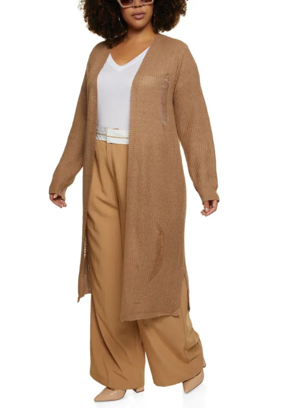 Plus Size Distressed Long Cardigan sold by Rainbow