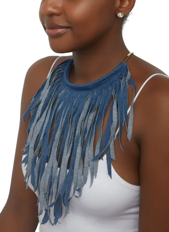 Denim Fringe Choker Necklace and Stud Earrings sold by Rainbow