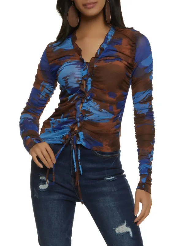 Printed Mesh Ruched Lace Up Top sold by Rainbow