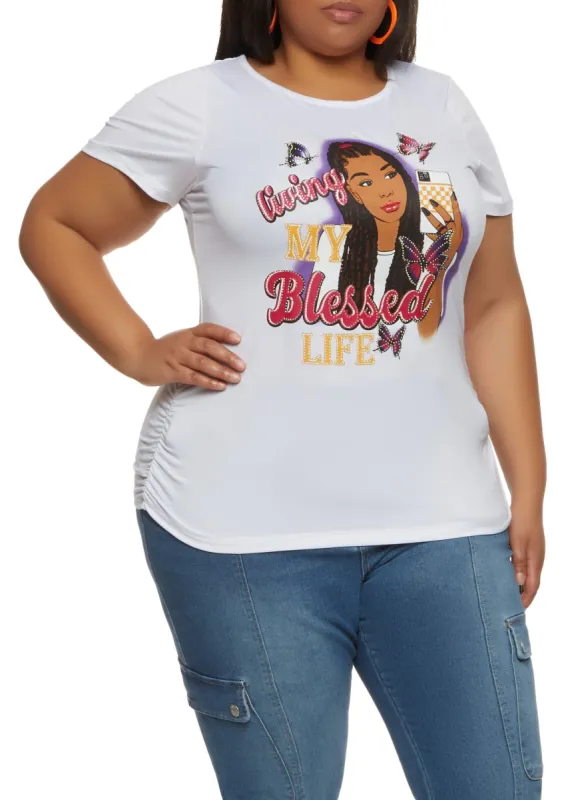 Plus Size Living My Blessed Life Rhinestone Graphic Tee sold by Rainbow