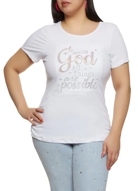 Plus Size With God All Things Embossed Rhinestone Graphic Tee sold by Rainbow
