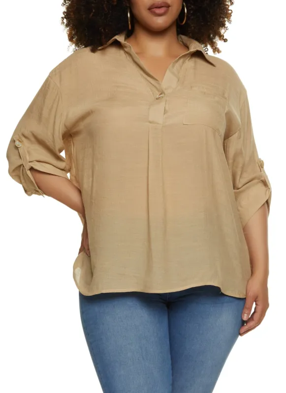 Plus Size Linen Drop Shoulder Button Front Shirt sold by Rainbow