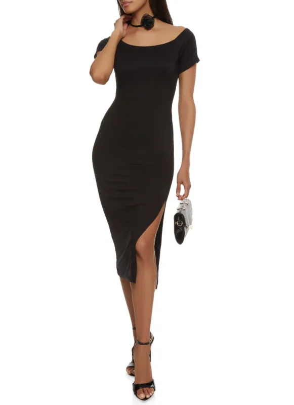 Side Slit Boat Neck Midi Dress sold by Rainbow