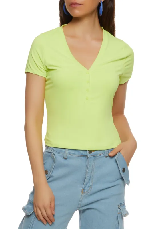 Short Sleeve V Neck Half Button Top sold by Rainbow